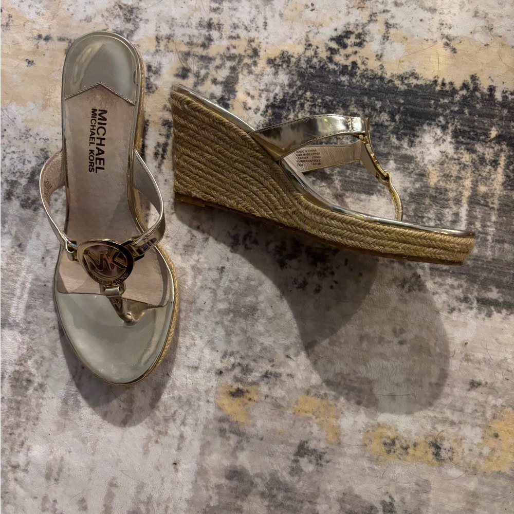 Michael Kors Metallic and Tan Wedge Sandals